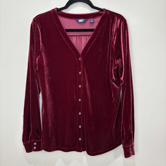 Lands End Red Burgundy Velvet Top Women M Button Front Vneck Soft Comfort Velour - Picture 1 of 7